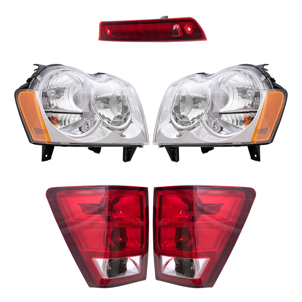 Brock Replacement Driver and Passenger Side Halogen Combination Headlight Assemblies & Tail Light Assemblies, and 3rd Brake Light 5 Piece Set Compatible with 2005-2006 Jeep Grand Cherokee