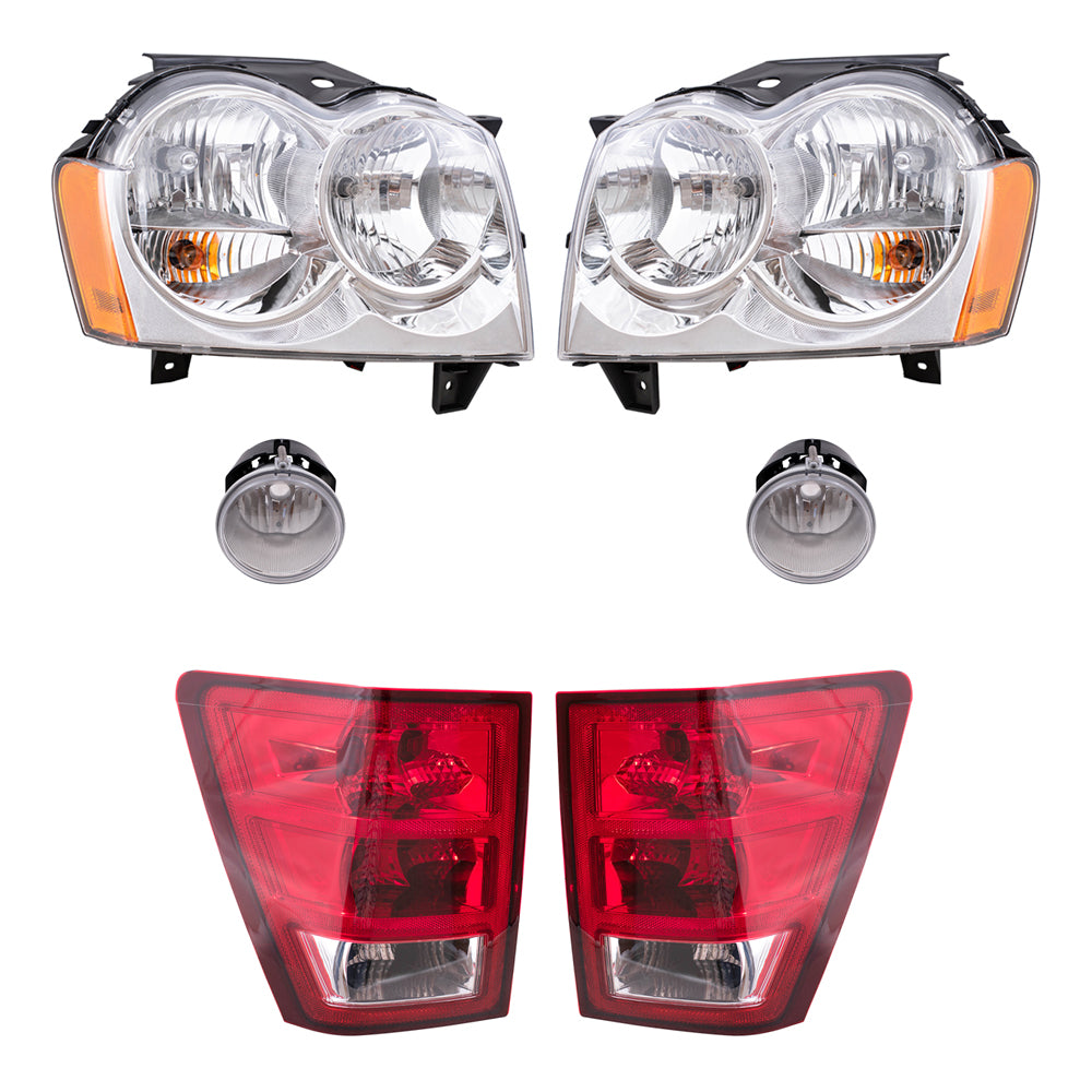 Brock Replacement Driver and Passenger Side Halogen Combination Headlights, Fog Lights and Tail Lights 6 Piece Set Compatible with 2005-2006 Jeep Grand Cherokee
