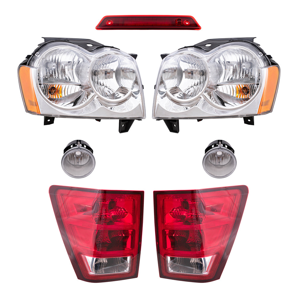 Brock Replacement Driver and Passenger Side Halogen Combination Headlights, Fog Lights, Tail Lights and 3rd Brake Light 7 Piece Set Compatible with 2005-2006 Grand Cherokee