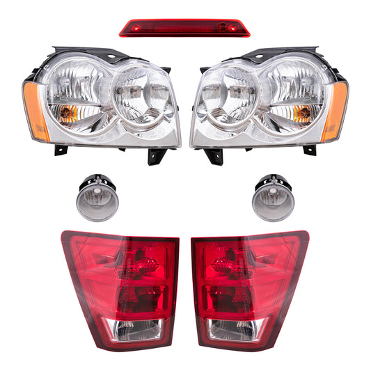 Brock Replacement Driver and Passenger Side Halogen Combination Headlights, Fog Lights, Tail Lights and 3rd Brake Light 7 Piece Set Compatible with 2005-2006 Grand Cherokee
