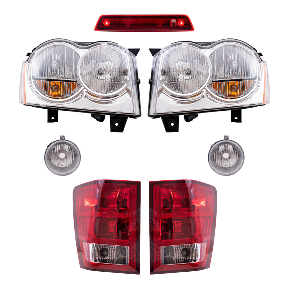 Brock Replacement Driver and Passenger Side Halogen Combination Headlights, Fog Lights, Tail Lights and 3rd Brake Light 7 Piece Set Compatible with 2005-2006 Grand Cherokee