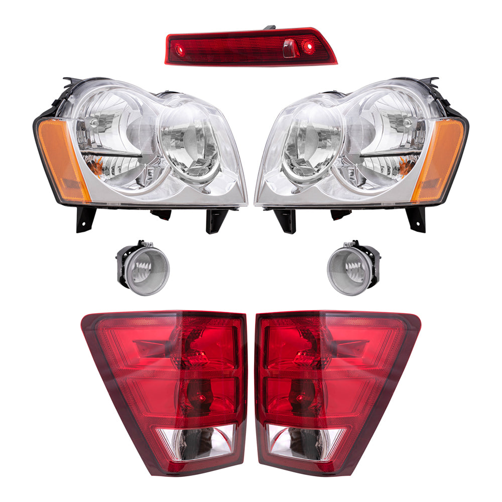 Brock Replacement Driver and Passenger Side Halogen Combination Headlights, Fog Lights, Tail Lights and 3rd Brake Light 7 Piece Set Compatible with 2005-2006 Grand Cherokee