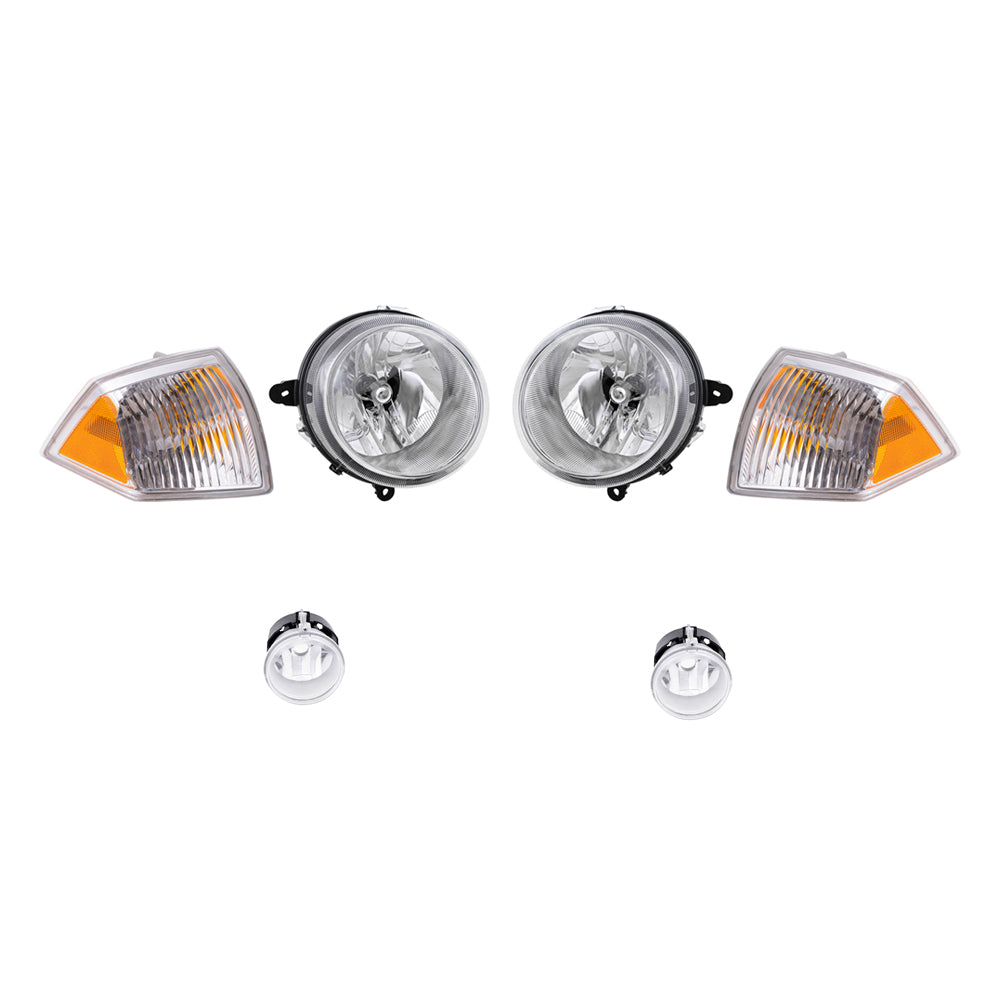 Brock Replacement Halogen Headlight Assemblies without Leveling, Park Signal Marker Lights and Fog Lights 6 Piece Set Compatible with 2010 Compass