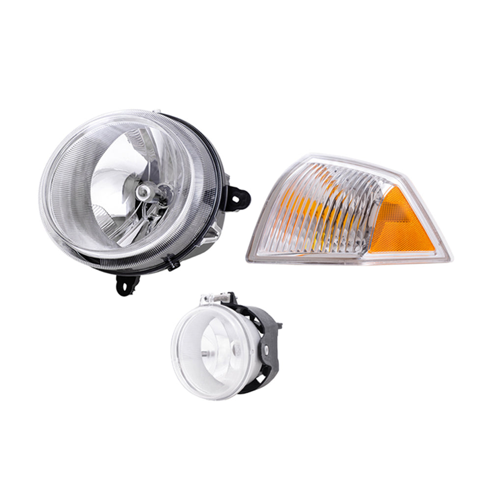 Brock Replacement Halogen Headlight Assemblies without Leveling, Park Signal Marker Lights and Fog Lights 6 Piece Set Compatible with 2010 Compass