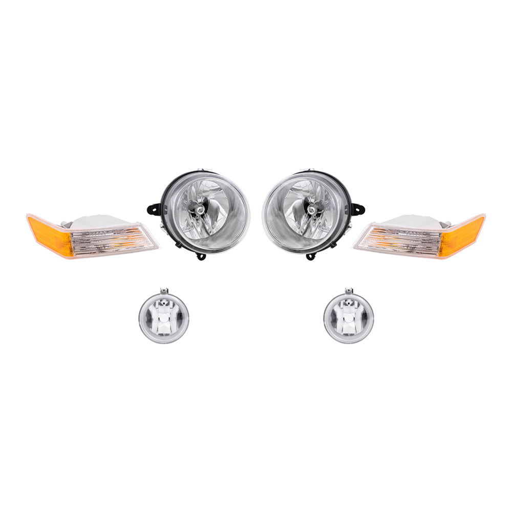 Brock Replacement Halogen Headlight Assemblies without Leveling, Park Signal Marker Lights and Fog Lights 6 Piece Set Compatible with 2010 Patriot