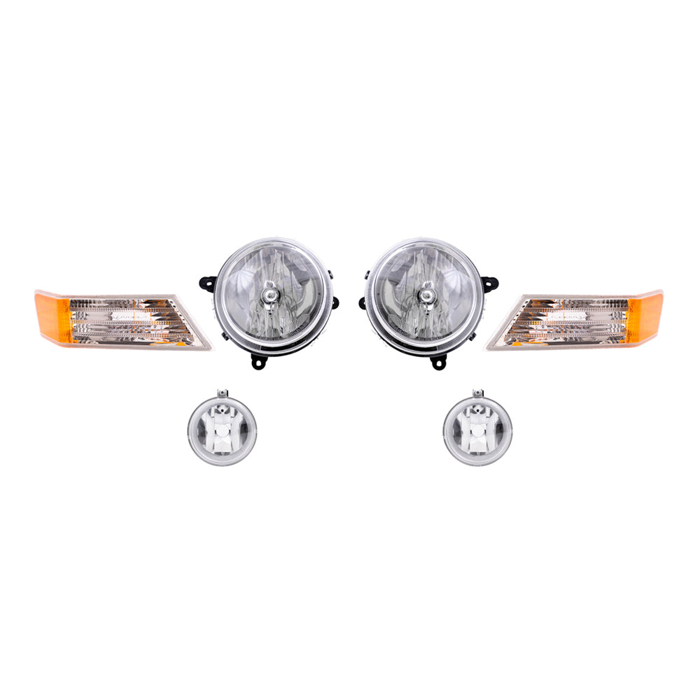 Brock Replacement Halogen Headlight Assemblies without Leveling, Park Signal Marker Lights and Fog Lights 6 Piece Set Compatible with 2010 Patriot