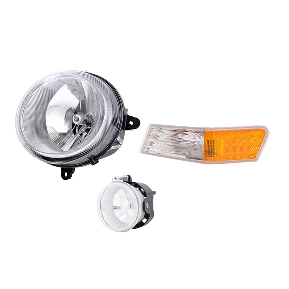 Brock Replacement Halogen Headlight Assemblies without Leveling, Park Signal Marker Lights and Fog Lights 6 Piece Set Compatible with 2010 Patriot