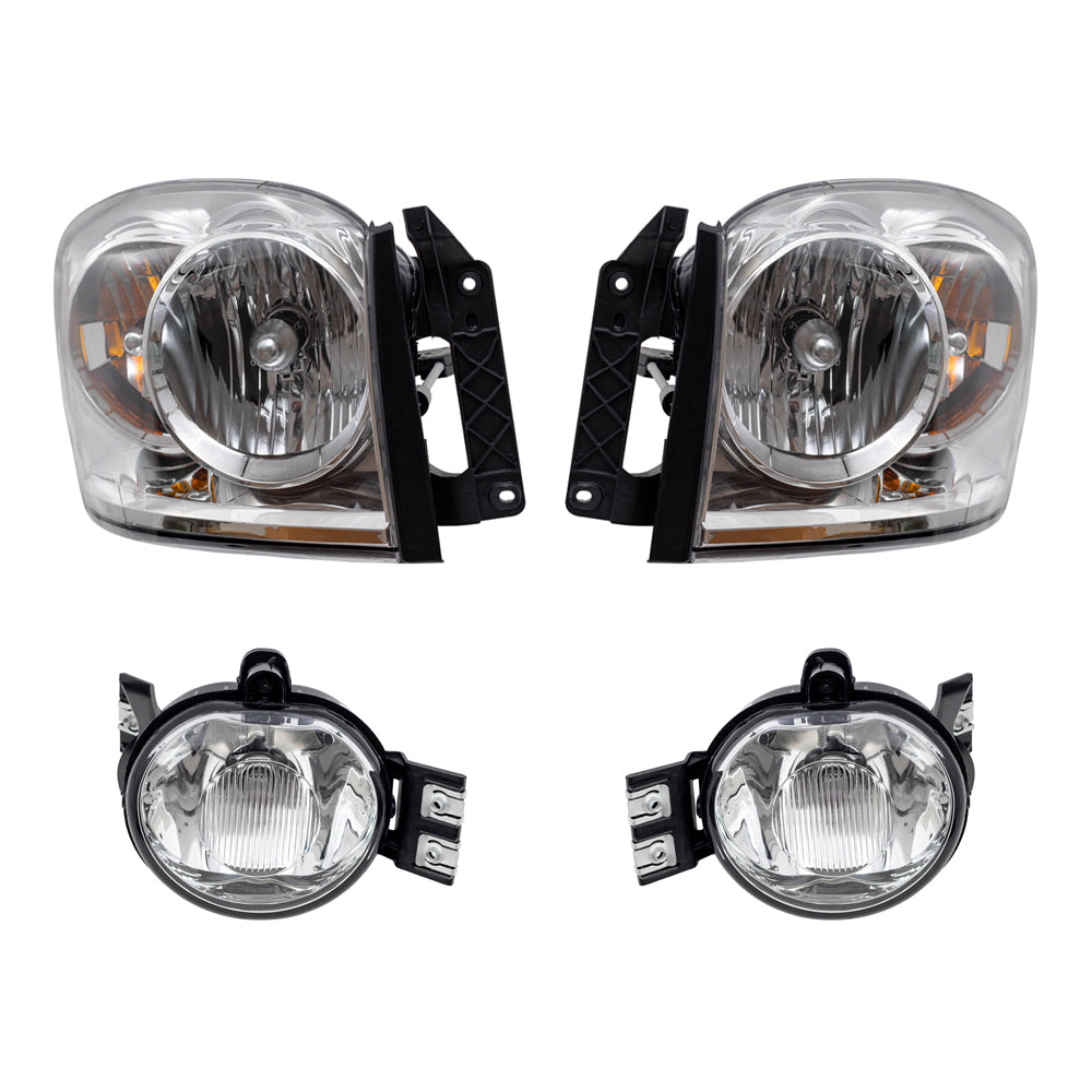 Brock Replacement Driver and Passenger Side Halogen Combination Headlight Assemblies and Fog Light Assemblies 4 Piece Set Compatible with 2007-2008 Ram 1500 and 07-09 Ram 2500/3500