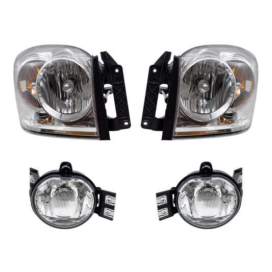Brock Replacement Driver and Passenger Side Halogen Combination Headlight Assemblies and Fog Light Assemblies 4 Piece Set Compatible with 2007-2008 Ram 1500 and 07-09 Ram 2500/3500