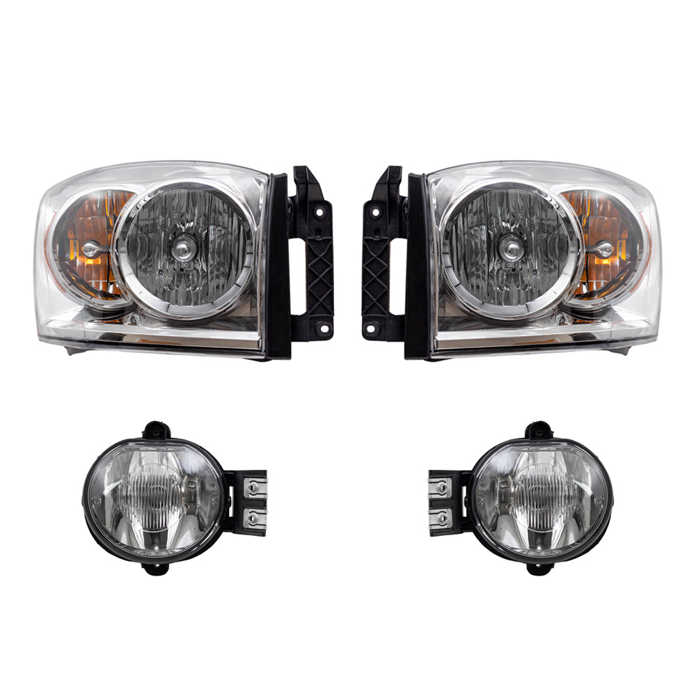 Brock Replacement Driver and Passenger Side Halogen Combination Headlight Assemblies and Fog Light Assemblies 4 Piece Set Compatible with 2007-2008 Ram 1500 and 07-09 Ram 2500/3500