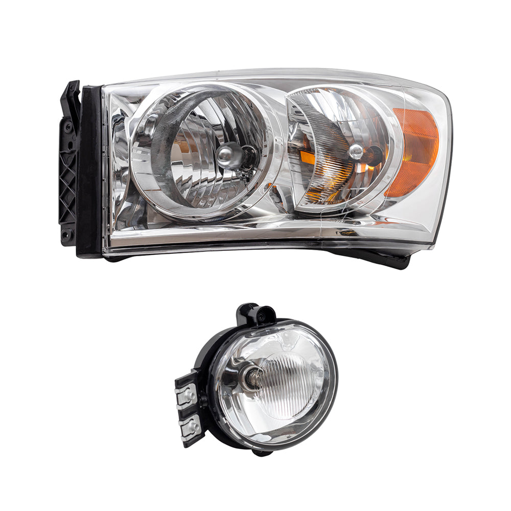 Brock Replacement Driver and Passenger Side Halogen Combination Headlight Assemblies and Fog Light Assemblies 4 Piece Set Compatible with 2007-2008 Ram 1500 and 07-09 Ram 2500/3500
