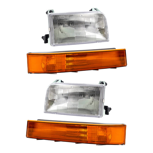 Brock Replacement 4 Piece Set Headlights w/ Park Signal Corner Marker Lamps Compatible with F150 F250 F350 Pickup Truck