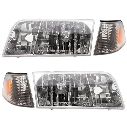 Brock Replacement 4 Pc Set Headlights with Park Signal Side Marker Lamps Driver and Passenger Compatible with 1998-2011 Crown Victoria 4W7Z13008A 4W7Z13008B 6W7Z15A201BA 6W7Z15A201AA
