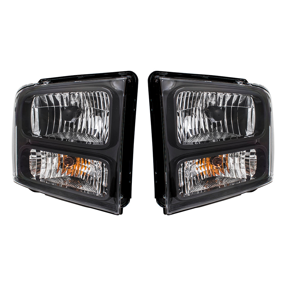 Brock Replacement Driver + Passenger Halogen Headlights w/ Black Bezels Compatible with 05-07 Super Duty Pickup Truck Replaces 6C3Z13008DB 6C3Z13008CB FO2502224 FO2503224