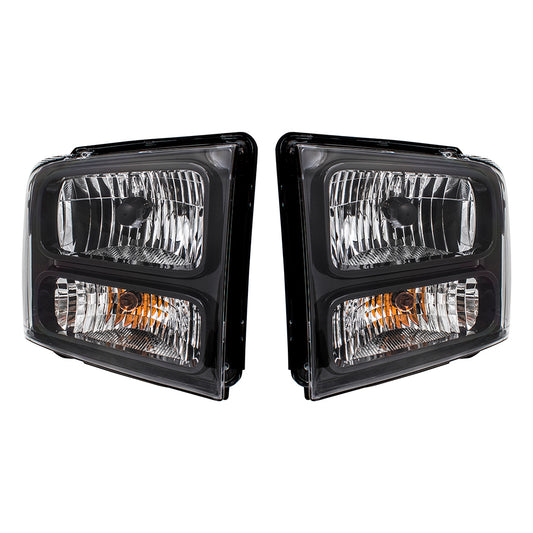 Brock Replacement Driver + Passenger Halogen Headlights w/ Black Bezels Compatible with 05-07 Super Duty Pickup Truck Replaces 6C3Z13008DB 6C3Z13008CB FO2502224 FO2503224