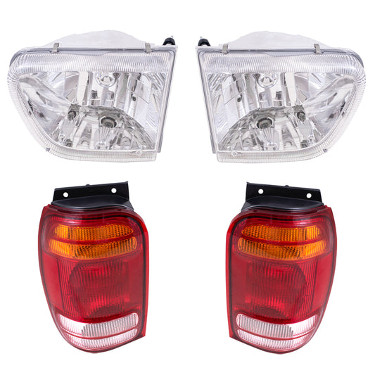 Brock Aftermarket Replacement Driver Left Passenger Right Halogen Headlight And Tail Light 4 Piece Set Compatible with 1998-2001 Mercury Mountaineer
