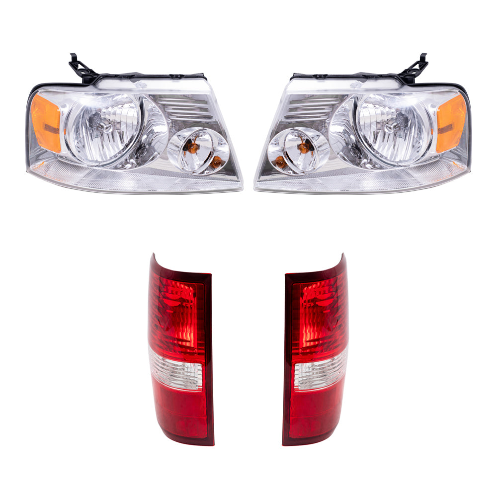 Headlight Assemblies with Chrome Bezel and Styleside Tail Light Units 4 Piece Set Compatible with 2004-2008 Ford F-150