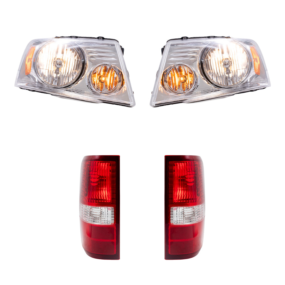 Headlight Assemblies with Chrome Bezel and Styleside Tail Light Units 4 Piece Set Compatible with 2004-2008 Ford F-150