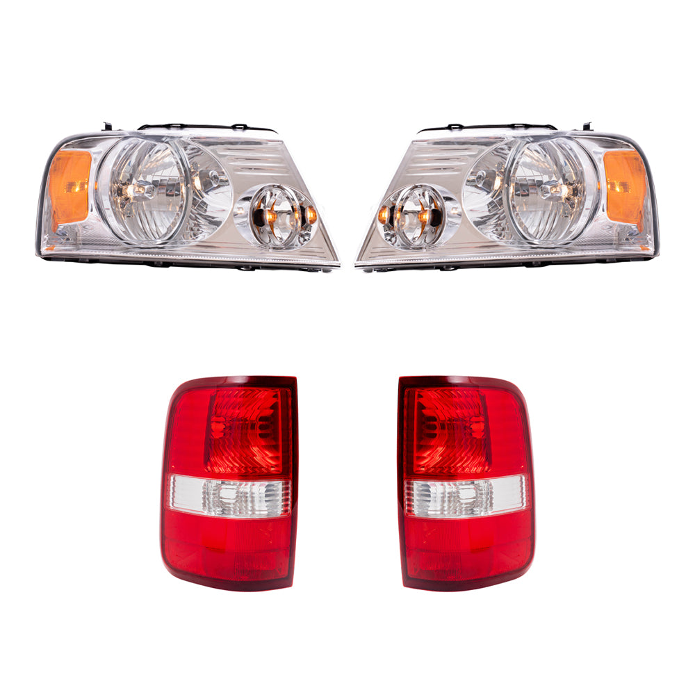 Headlight Assemblies with Chrome Bezel and Styleside Tail Light Units 4 Piece Set Compatible with 2004-2008 Ford F-150