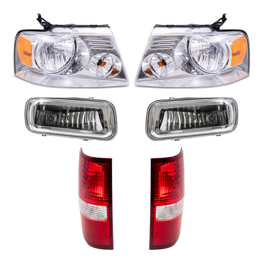 Brock Aftermarket Replacement Driver Left Passenger Right Halogen Combination Headlights with Chrome Bezel-Rectangular Fog Lights & Tail Lights 6 Piece Set Compatible with 2004-2006 Ford F-150