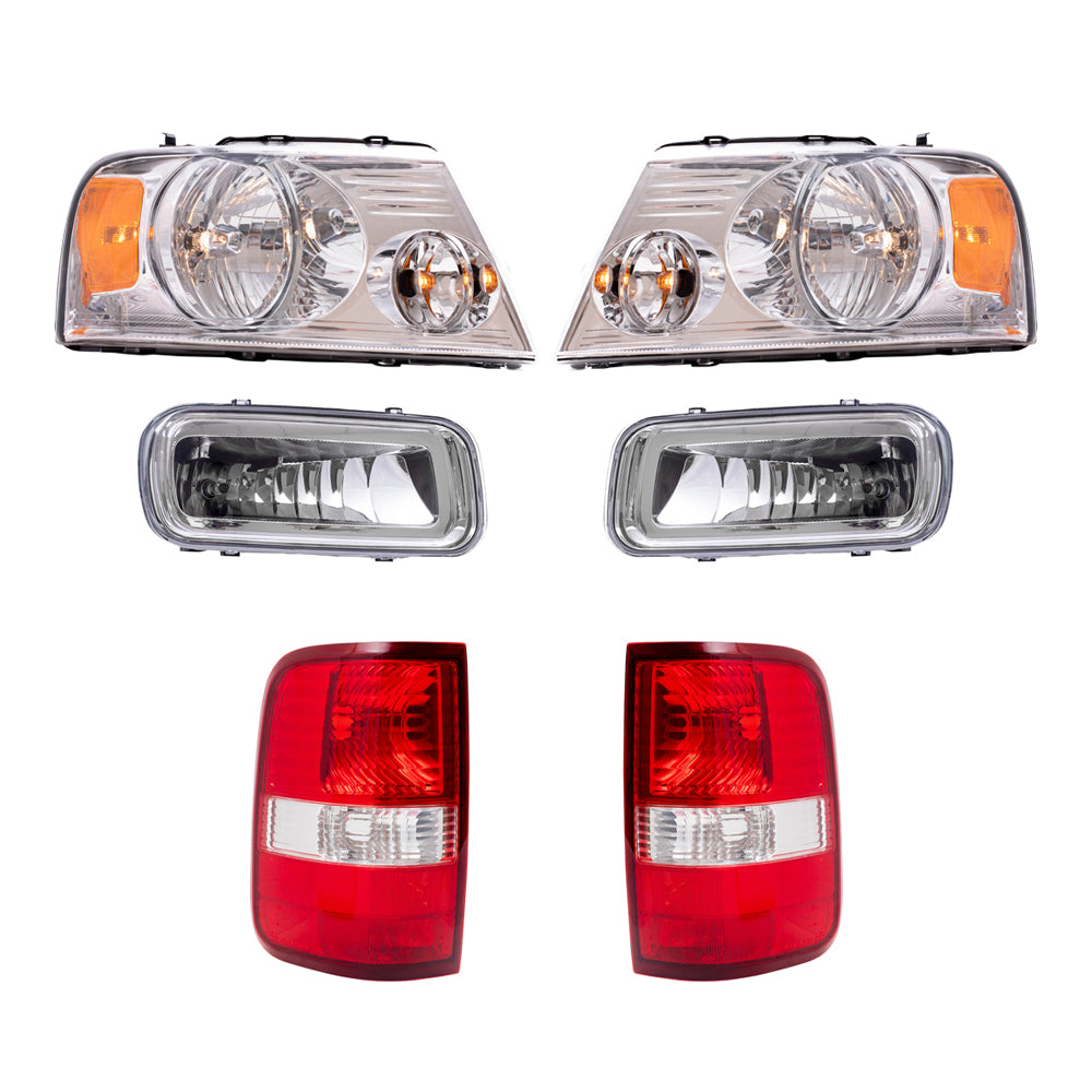 Brock Aftermarket Replacement Driver Left Passenger Right Halogen Combination Headlights with Chrome Bezel-Rectangular Fog Lights & Tail Lights 6 Piece Set Compatible with 2004-2006 Ford F-150