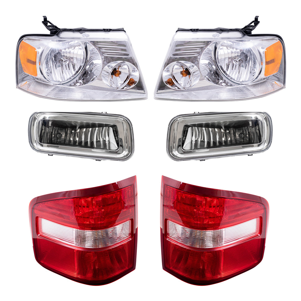 Brock Aftermarket Replacement Driver Left Passenger Right Halogen Combination Headlights with Chrome Bezel-Rectangular Fog Lights -Tail Lights 6 Piece Set Compatible with 2004-2006 Ford F-150