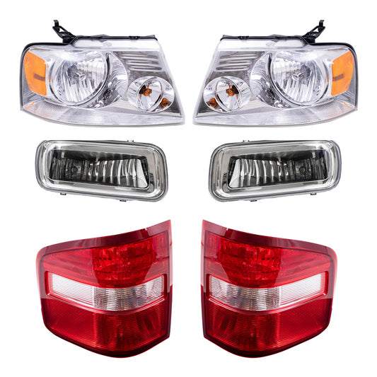 Brock Aftermarket Replacement Driver Left Passenger Right Halogen Combination Headlights with Chrome Bezel-Rectangular Fog Lights -Tail Lights 6 Piece Set Compatible with 2004-2006 Ford F-150