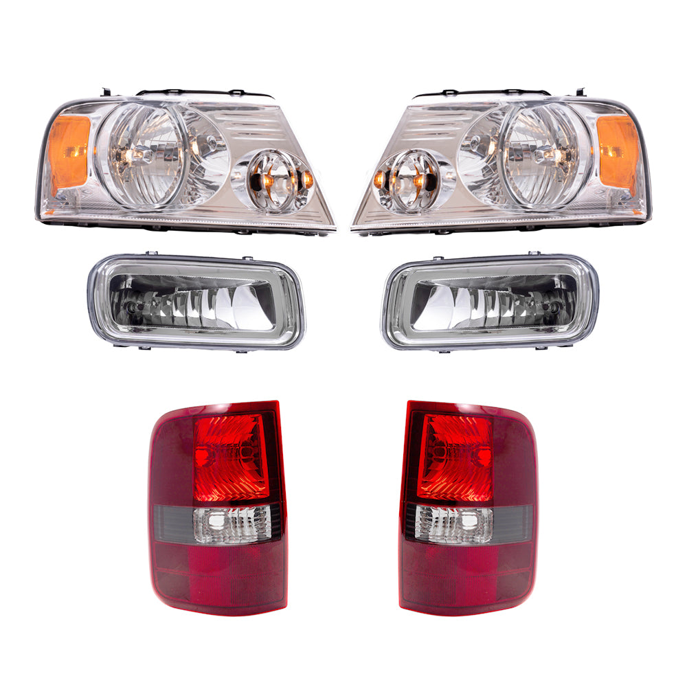 Brock Aftermarket Replacement Driver Left Passenger Right Halogen Combination Headlights with Chrome Bezel-Rectangular Fog Lights -Tail Lights 6 Piece Set Compatible with 2004-2006 Ford F-150