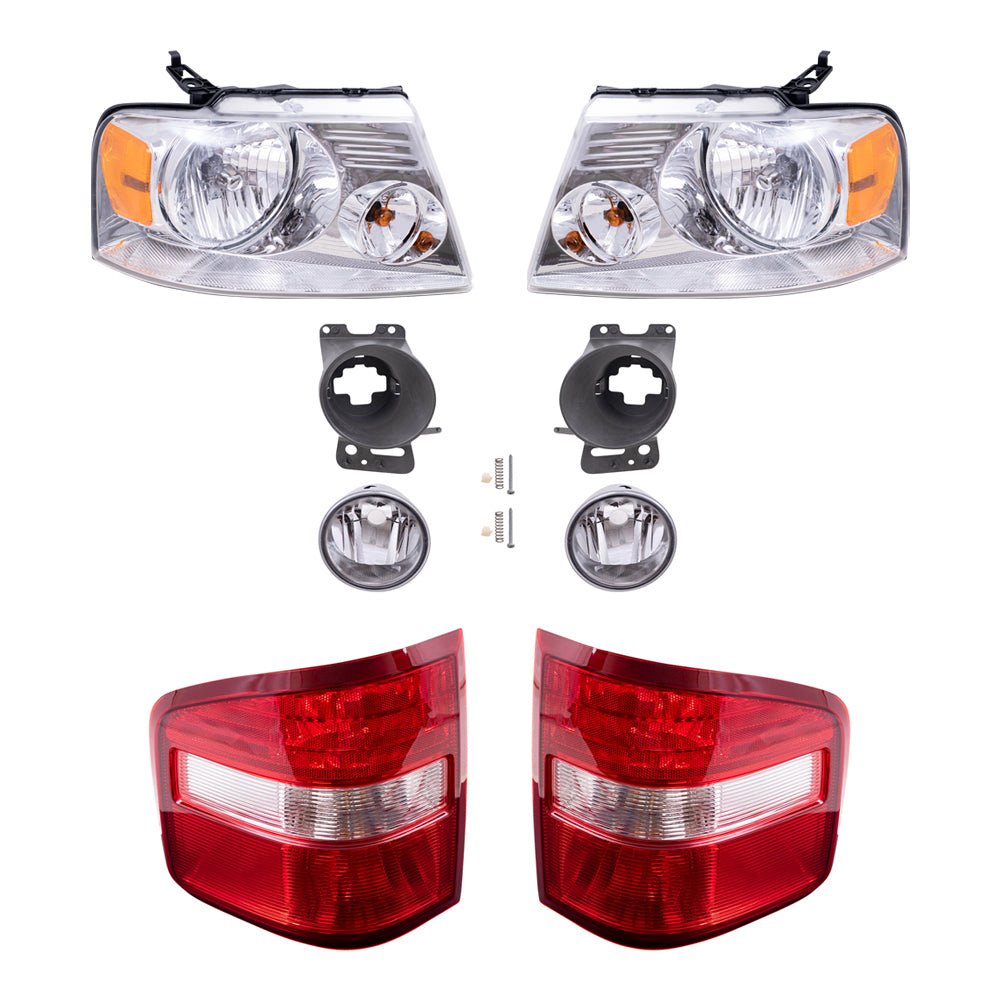Brock Aftermarket Replacement Part Driver and Passenger Side Halogen Combination Headlights, Round Fog Lights & Brackets and Flareside Tail Lights 8 Piece Set Compatible with 2006-2008 Ford F-150
