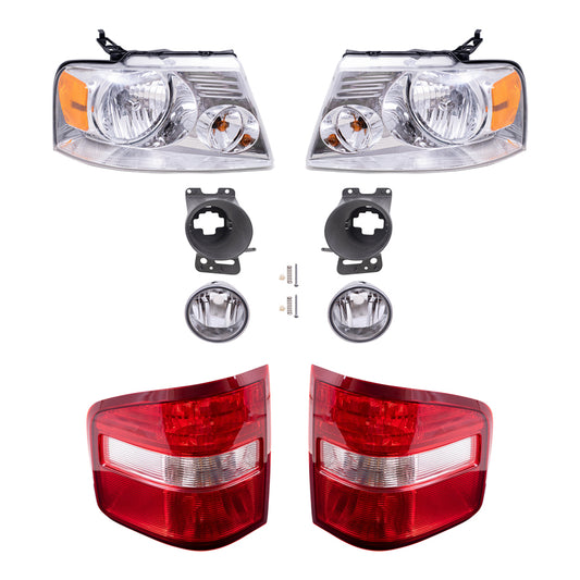 Brock Aftermarket Replacement Part Driver and Passenger Side Halogen Combination Headlights, Round Fog Lights & Brackets and Flareside Tail Lights 8 Piece Set Compatible with 2006-2008 Ford F-150
