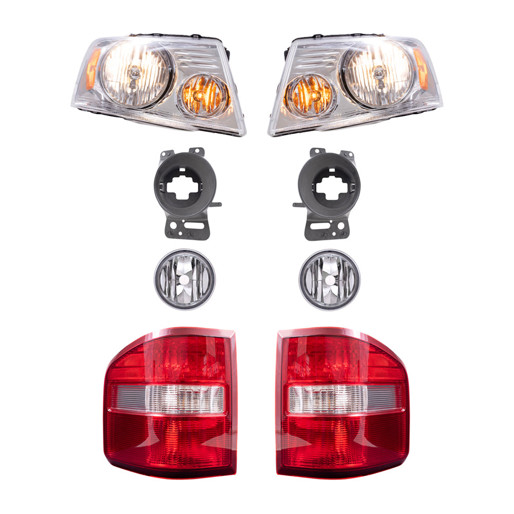 Brock Aftermarket Replacement Part Driver and Passenger Side Halogen Combination Headlights, Round Fog Lights & Brackets and Flareside Tail Lights 8 Piece Set Compatible with 2006-2008 Ford F-150