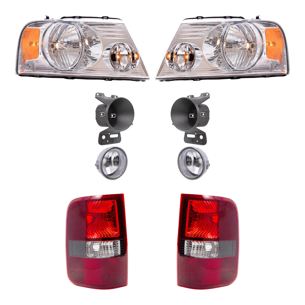 Brock Aftermarket Replacement Part Driver and Passenger Side Halogen Combination Headlights, Round Fog Lights & Brackets and Flareside Tail Lights 8 Piece Set Compatible with 2006-2008 Ford F-150