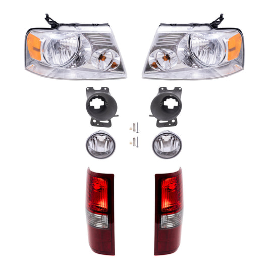 Brock Aftermarket Replacement Driver Left Passenger Right Halogen Combination Headlights-Round Fog Lights-Mounting Brackets-Styleside Tail Lights 8 Piece Set Compatible with 2006-2008 Ford F-150