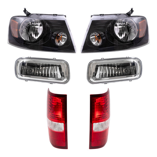 Brock Aftermarket Replacement Driver Left Passenger Right Halogen Combination Headlights-Round Fog Lights-Styleside Tail Lights 6 Piece Set Compatible with 2004-2006 Ford F-150