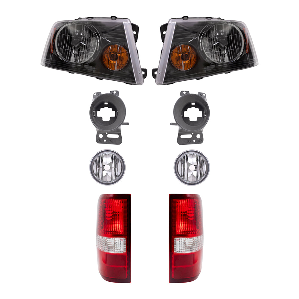 Brock Aftermarket Replacement Driver Left Passenger Right Headlights-Round Fog Lights-Fog Light Mounting Brackets-Styleside Tail Lights 8 Piece Set Compatible with 2006-2008 Ford F-150
