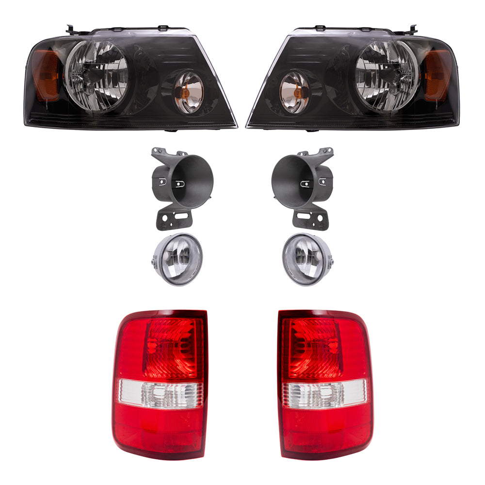 Brock Aftermarket Replacement Driver Left Passenger Right Headlights-Round Fog Lights-Fog Light Mounting Brackets-Styleside Tail Lights 8 Piece Set Compatible with 2006-2008 Ford F-150