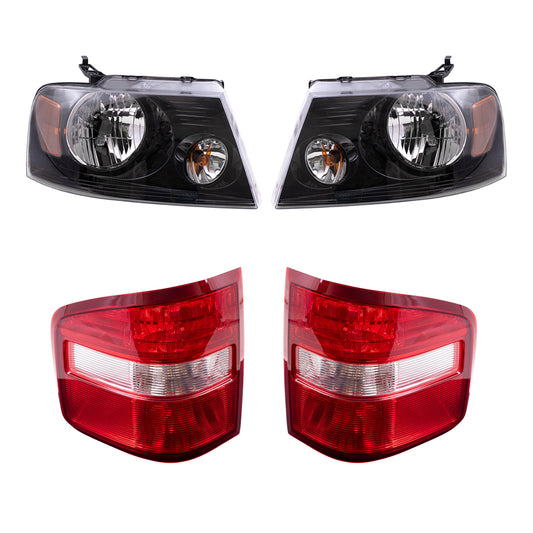 Brock Aftermarket Replacement Driver Left Passenger Right Halogen Combination Headlight Assemblies and Flareside Tail Lights 4 Piece Set Compatible with 2004-2008 F-150
