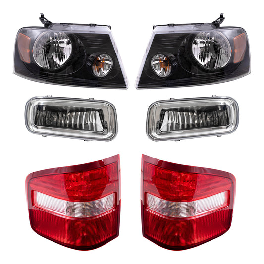 Brock Aftermarket Replacement Driver Left Passenger Right Halogen Combination Headlights-Rectangular Fog Lights-Flareside Tail Lights 6 Piece Set Compatible with 2004-2006 Ford F-150