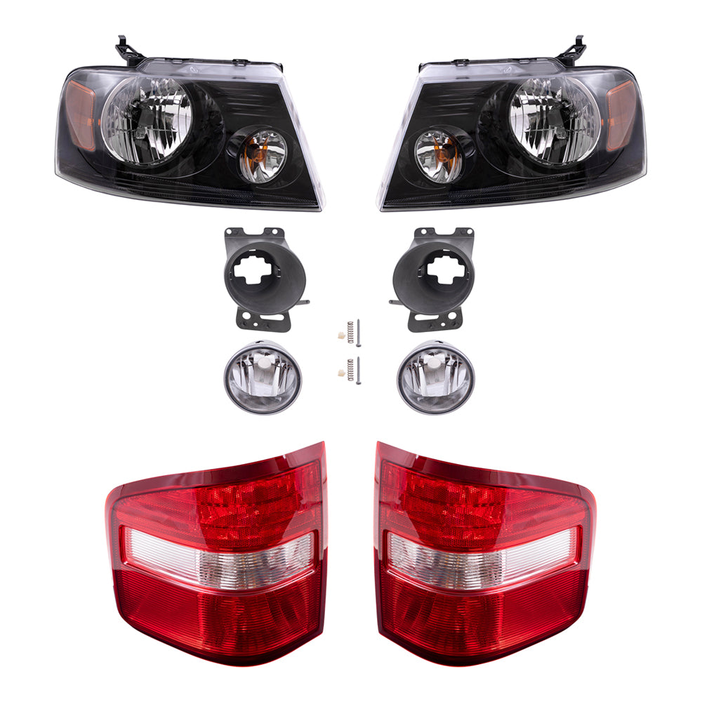 Brock Aftermarket Replacement Driver Left Passenger Right Halogen Combination Headlights-Round Fog Lights-Mounting Brackets-Flareside Tail Lights 8 Piece Set Compatible with 2006-2008 Ford F-150