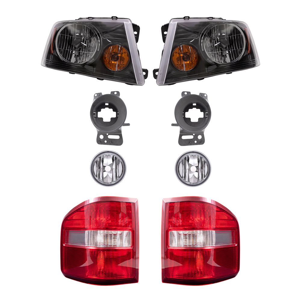 Brock Aftermarket Replacement Driver Left Passenger Right Halogen Combination Headlights-Round Fog Lights-Mounting Brackets-Flareside Tail Lights 8 Piece Set Compatible with 2006-2008 Ford F-150