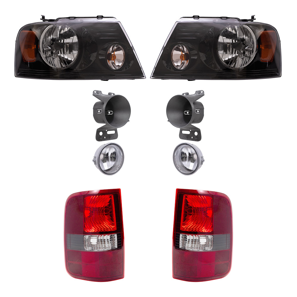 Brock Aftermarket Replacement Driver Left Passenger Right Halogen Combination Headlights-Round Fog Lights-Mounting Brackets-Flareside Tail Lights 8 Piece Set Compatible with 2006-2008 Ford F-150
