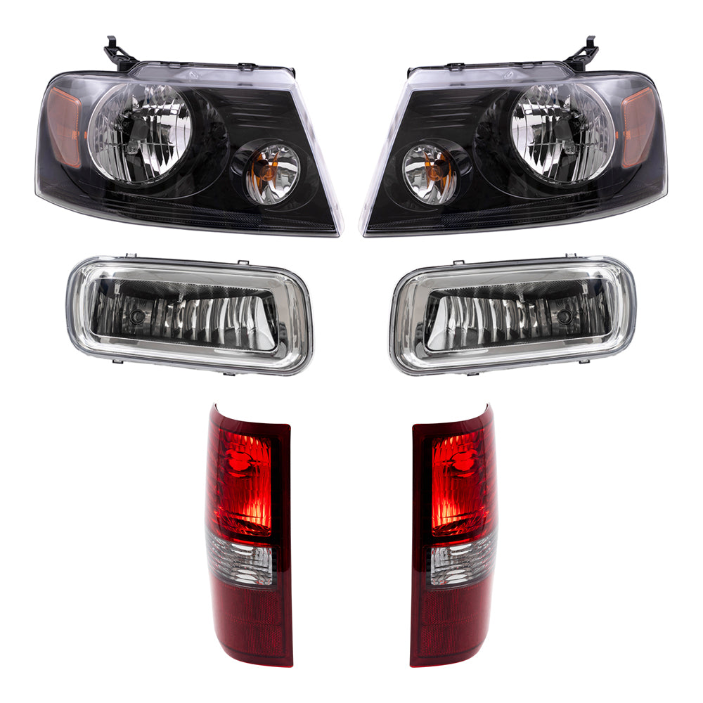 Brock Aftermarket Replacement Driver Left Passenger Right Halogen Combination Headlights-Rectangular Fog Lights-Styleside Tail Lights 6 Piece Set Compatible with 2006 Ford F-150