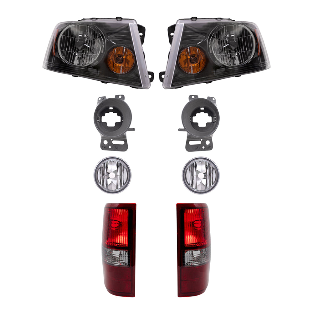 Brock Aftermarket Replacement Driver Left Passenger Right Headlights-Round Fog Lights-Mounting Brackets-Styleside Tail Lights 8 Piece Set Compatible with 2006-2008 Ford F-150