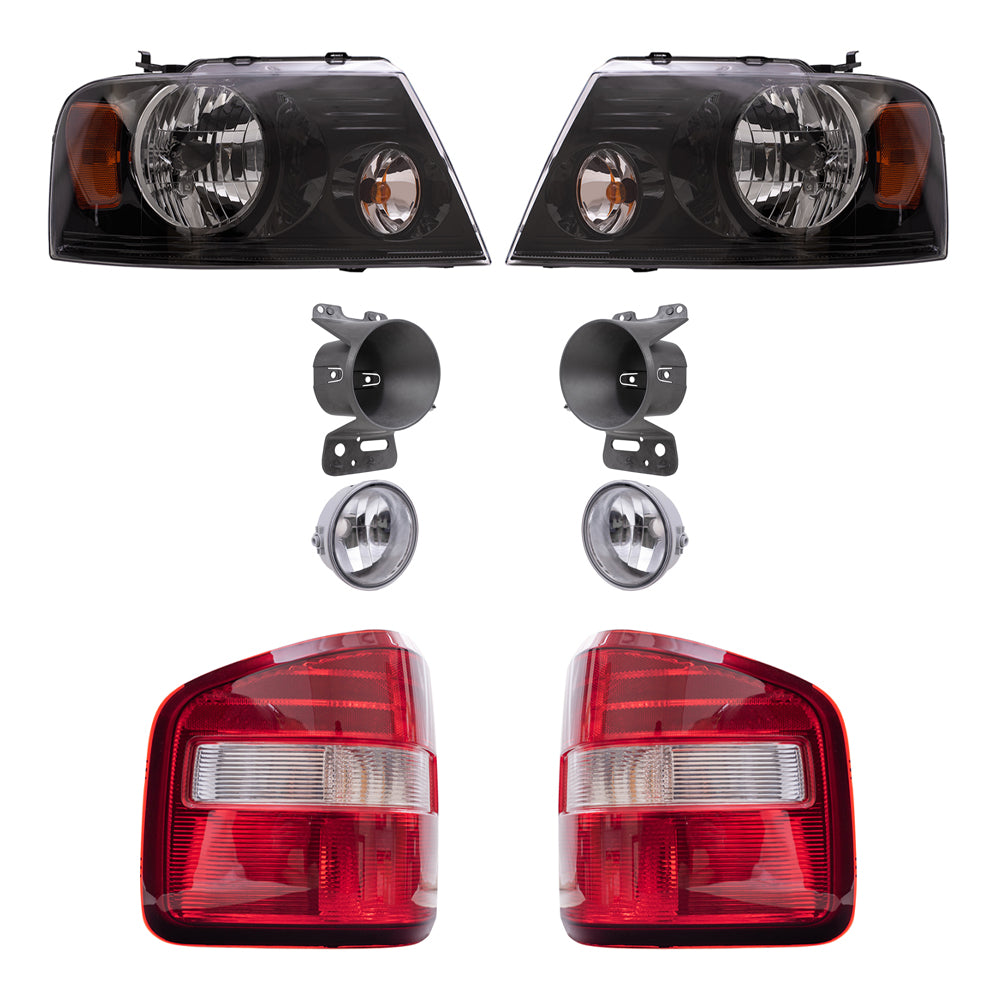 Brock Aftermarket Replacement Driver Left Passenger Right Headlights-Round Fog Lights-Mounting Brackets-Styleside Tail Lights 8 Piece Set Compatible with 2006-2008 Ford F-150
