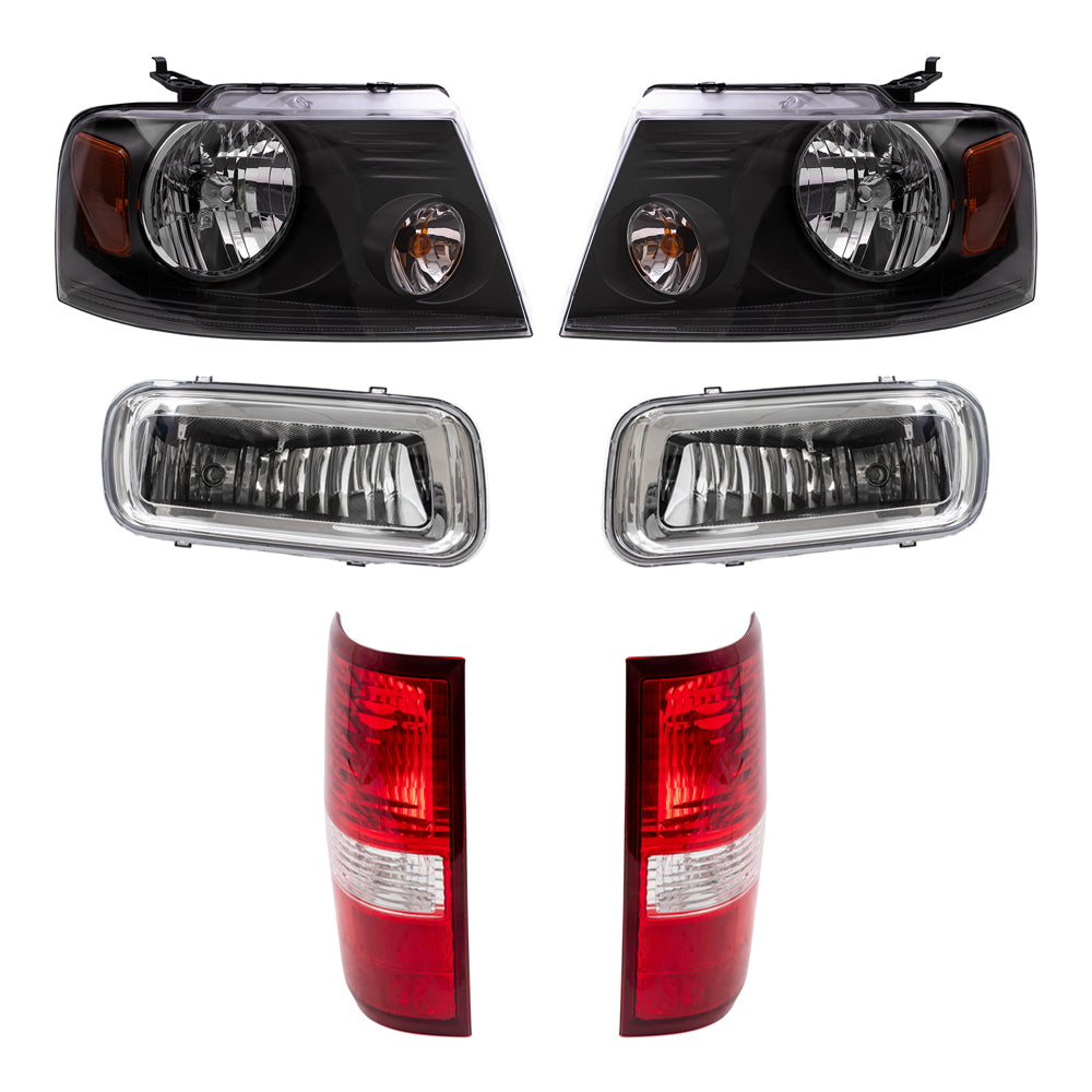 Brock Aftermarket Replacement Driver Left Passenger Right Halogen Combination Headlights-Rectangular Fog Lights-Styleside Tail Lights 6 Piece Set Compatible with 2004-2006 Ford F-150