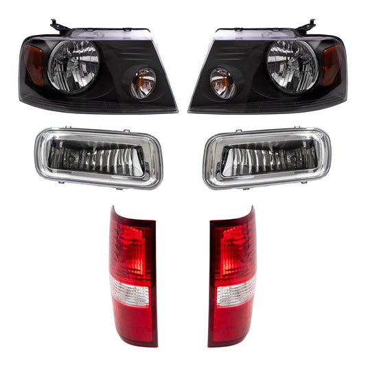 Brock Aftermarket Replacement Driver Left Passenger Right Halogen Combination Headlights-Rectangular Fog Lights-Styleside Tail Lights 6 Piece Set Compatible with 2004-2006 Ford F-150