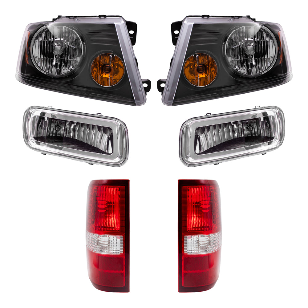 Brock Aftermarket Replacement Driver Left Passenger Right Halogen Combination Headlights-Rectangular Fog Lights-Styleside Tail Lights 6 Piece Set Compatible with 2004-2006 Ford F-150
