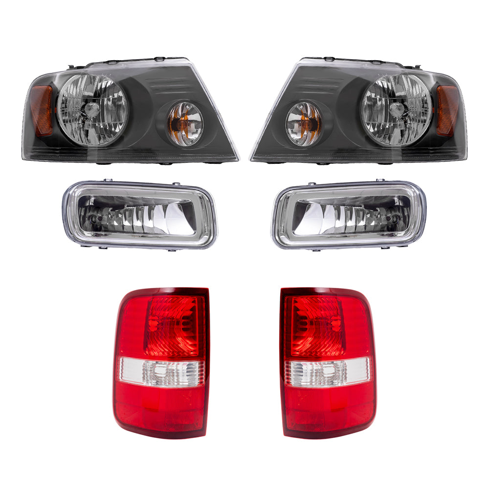 Brock Aftermarket Replacement Driver Left Passenger Right Halogen Combination Headlights-Rectangular Fog Lights-Styleside Tail Lights 6 Piece Set Compatible with 2004-2006 Ford F-150