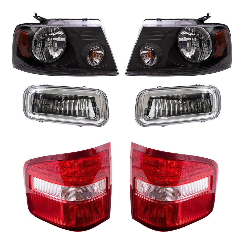 Brock Aftermarket Replacement Driver Left Passenger Right Halogen Combination Headlights-Rectangular Fog Lights-Flareside Tail Lights 6 Piece Set Compatible with 2004-2006 Ford F-150