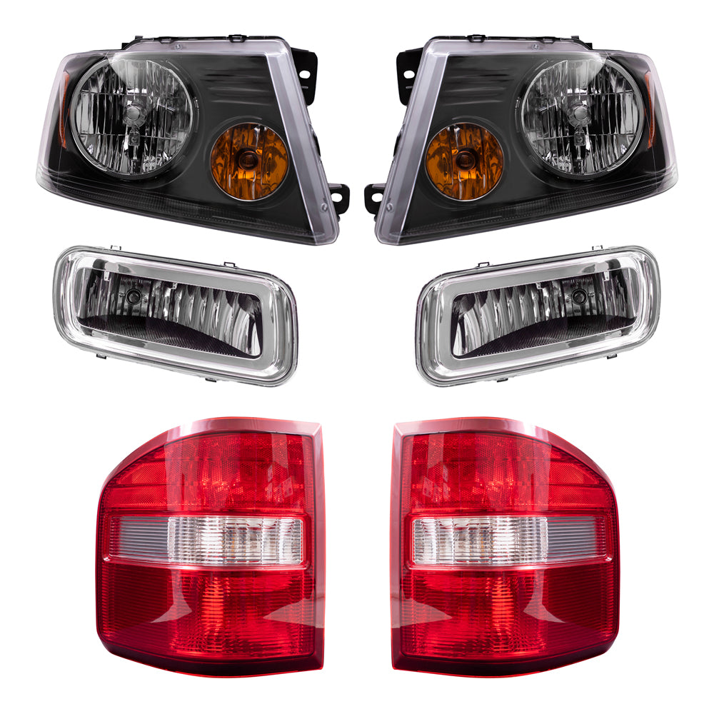 Brock Aftermarket Replacement Driver Left Passenger Right Halogen Combination Headlights-Rectangular Fog Lights-Flareside Tail Lights 6 Piece Set Compatible with 2004-2006 Ford F-150